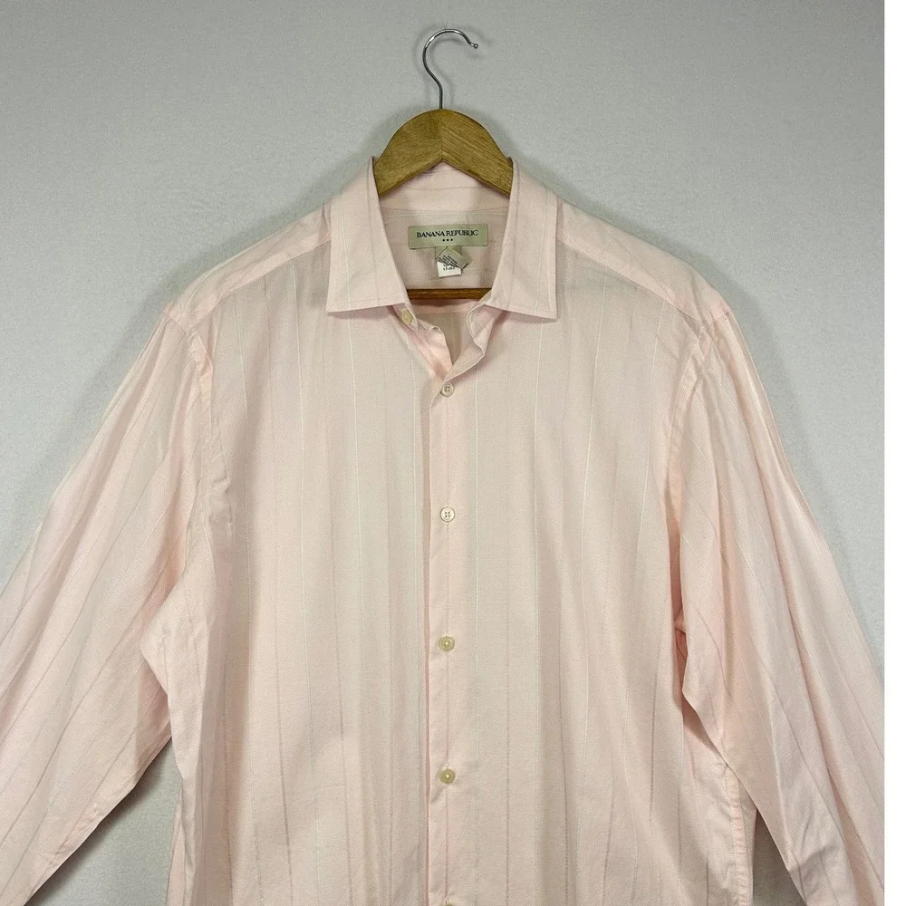 Preppy Banana Republic Mens Large Light Pink Striped‎ Cotton Button Down Shirt